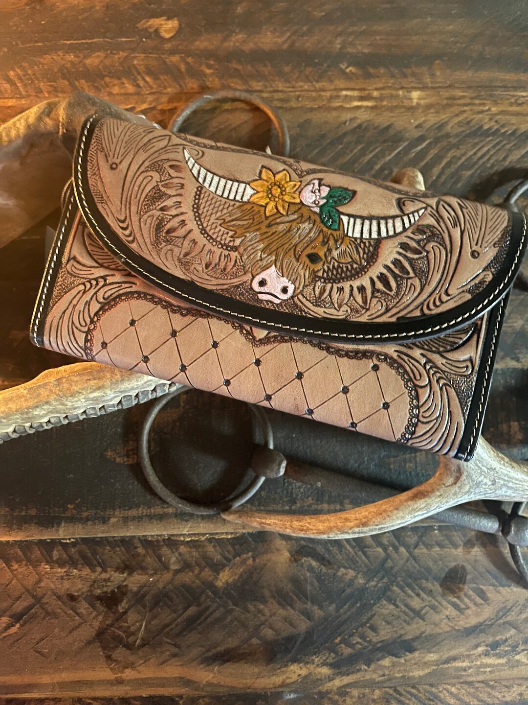 Myra Embroidery Tooled Leather Wallet With Highland Cow Etsy