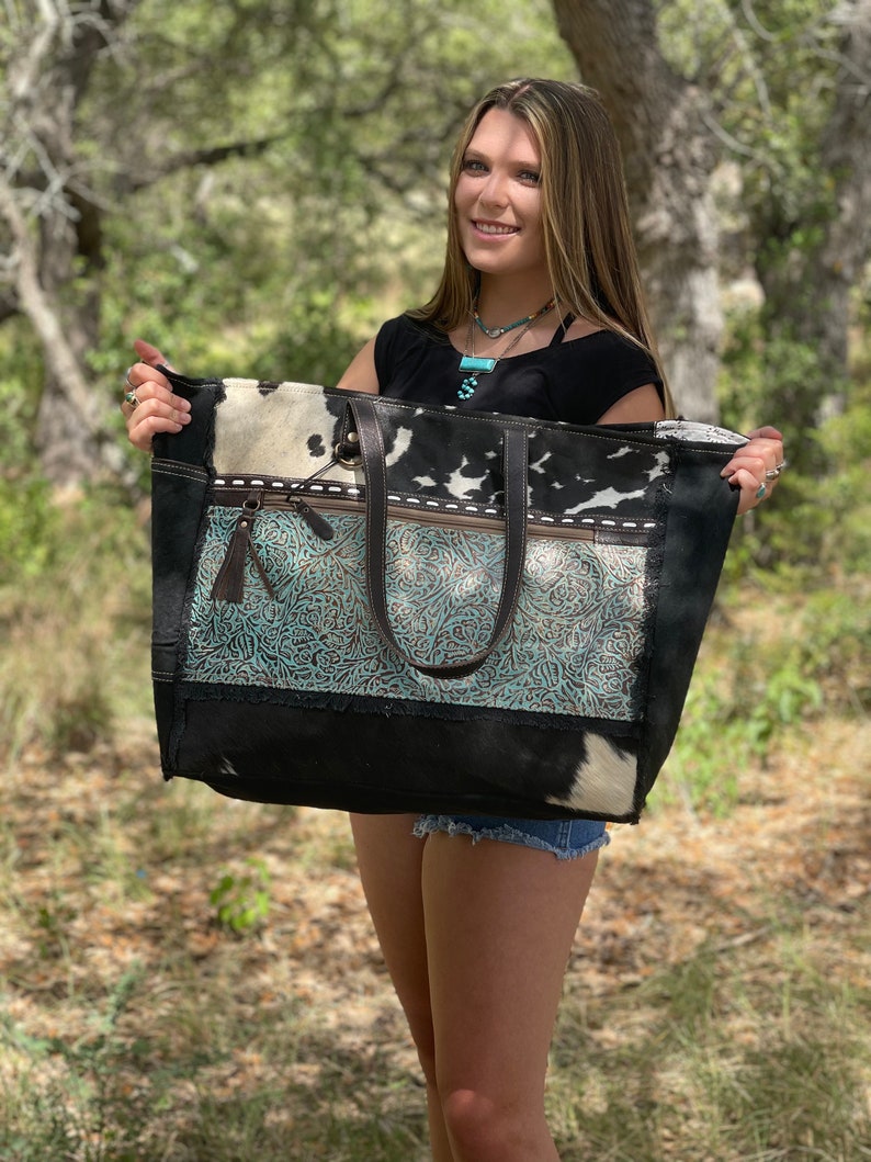 Myra Turquoise and Cowhide Weekender Travel Bag Etsy