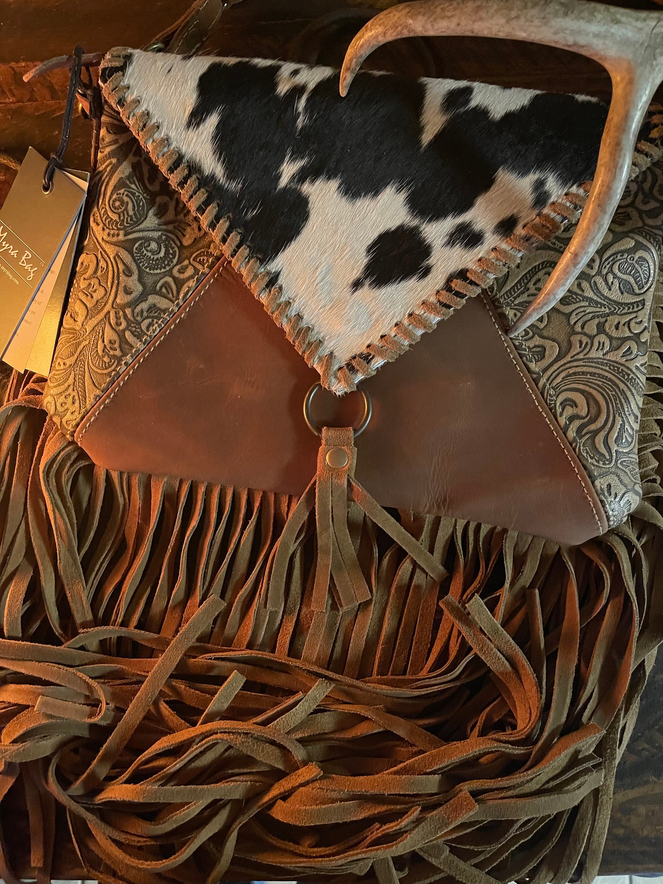 Myra Lunatone cowhide and embossed leather with floral design fringe boho  western crossbody shoulder purse