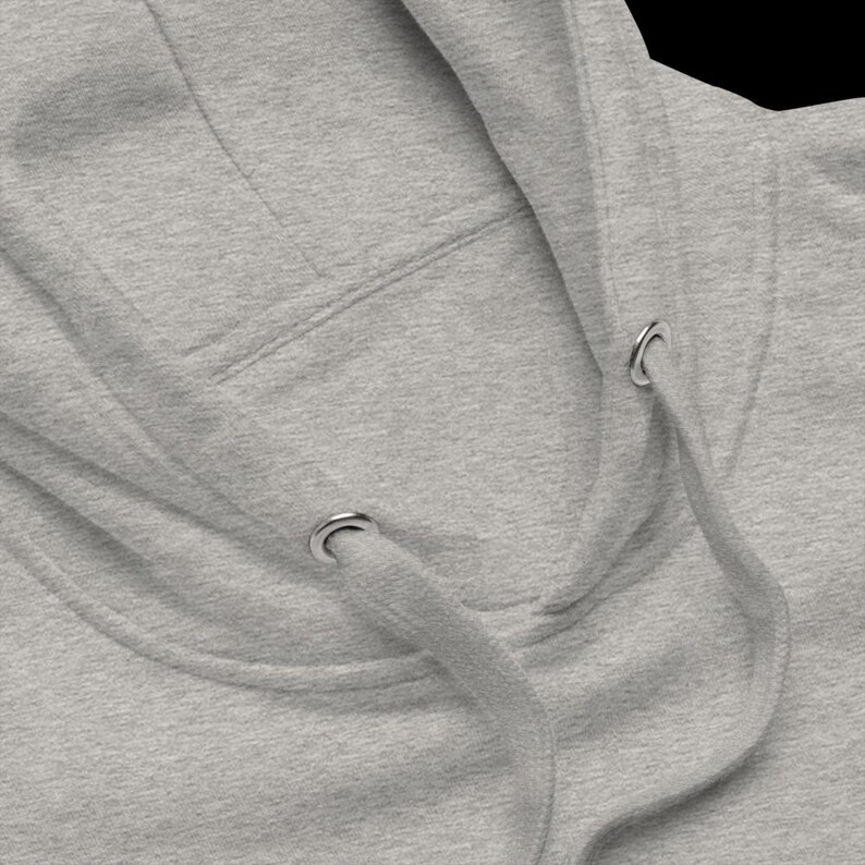 May include: Close-up of a gray hooded sweatshirt with a drawstring. The drawstring has two metal eyelets.