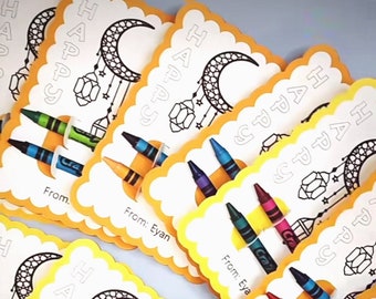 Ramadan Coloring Card Set With Crayons, Gifts For Kids/Classmates/Students, Eid Cards, Eid Crayon Holder Card, Coloring cards, Eid gifts