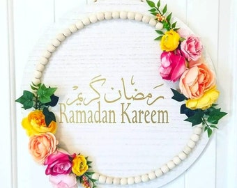 Ramadan Mubarak Door Sign, Ramadan décor, Ramadan wreath, Ramadan Beaded Sign, Ramadan, Ramadan sign, Wood round sign,  Islamic Home Décor