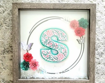 Name Personalized 9X9 Flower shadow boxes, shadow box, custom shadow boxes, paper flowers, Custom Name shadow box, custom, personalized
