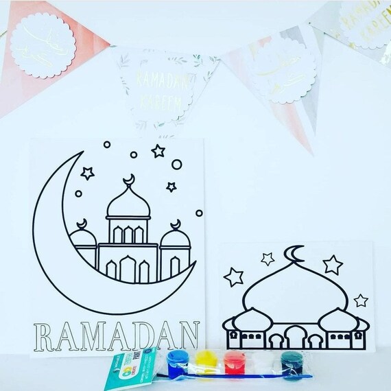 Ramadan coloring canvas, Mosque, Islamic Canvas Paint Kit, Painting Craft, Art, Gift, Kids Activity, Muslim, Ramadan, Eid, Coloring, Masjid
