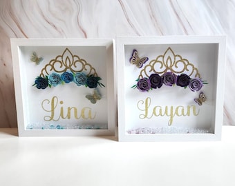 Tiara Shadow Box, Personalized 9X9 Flower shadow box, shadow box, custom shadow boxes, paper flowers, Custom Name shadow box, Gift shadowbox