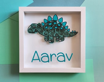 Dinosaur Personalized 9X9 Flower shadow boxes, Dino, Name shadow box, custom shadow boxes, paper flowers, Custom Name shadow box, flowers