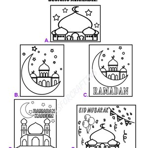 May include: Five black and white printable designs for Ramadan and Eid Mubarak. The designs feature a mosque with a crescent moon and stars. Some designs include the text "Ramadan Kareem" and "Eid Mubarak".