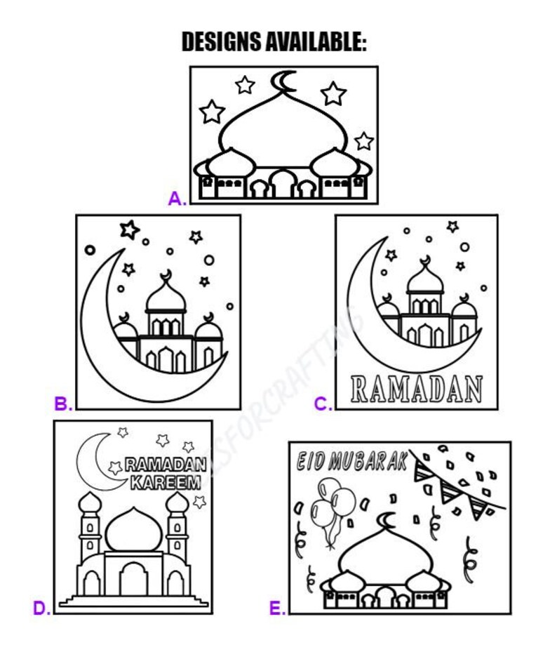 May include: Five black and white printable designs for Ramadan and Eid Mubarak. The designs feature a mosque with a crescent moon and stars. Some designs include the text "Ramadan Kareem" and "Eid Mubarak".