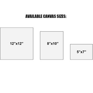 May include: Three different sizes of canvas prints are shown. The largest canvas is 12 inches by 12 inches, the middle canvas is 8 inches by 10 inches, and the smallest canvas is 5 inches by 7 inches.