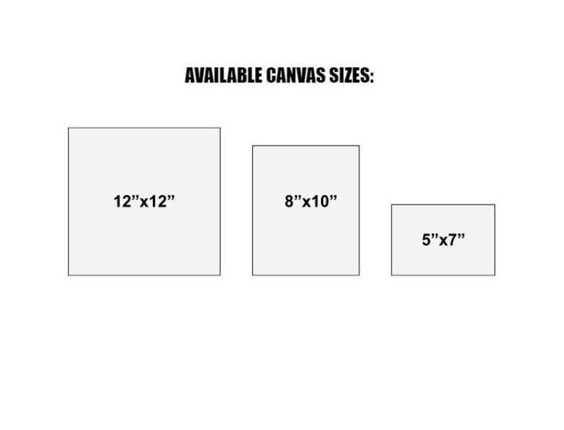 May include: Three different sizes of canvas prints are shown. The largest canvas is 12 inches by 12 inches, the middle canvas is 8 inches by 10 inches, and the smallest canvas is 5 inches by 7 inches.