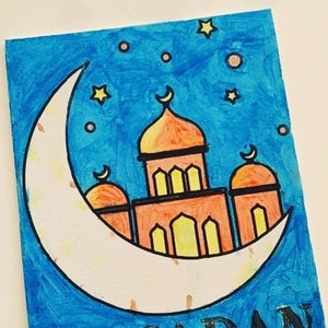 May include: A hand-painted illustration of a mosque with a crescent moon in a blue sky with white stars. The mosque is orange and yellow with black outlines. The crescent moon is white with a yellow outline.