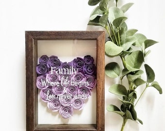 Heart shadow box, Personalized Flower shadow box, shadow box, custom shadow boxes, paper flowers, Family Shadow Box, paper flowers