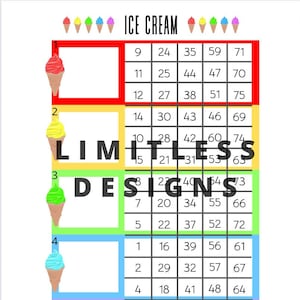 May include: A printable ice cream themed bingo card with numbers 1-75. The card is divided into five columns with the letters B, I, N, G, and O at the top of each column. The card is decorated with colorful ice cream cones.