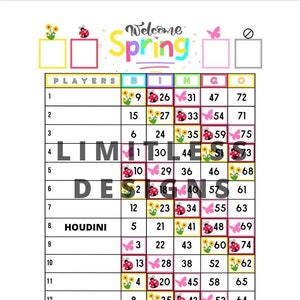 Puede incluir: Una tarjeta de bingo imprimible con temática primaveral con una pancarta de bienvenida a la primavera en la parte superior. La tarjeta tiene 15 espacios con números e imágenes de mariposas, mariquitas y girasoles. La tarjeta está etiquetada como "Jugadores" y tiene las letras "B-I-N-G-O" en la parte superior.