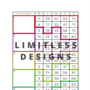 Peut inclure: Une grille colorée avec les nombres de 1 à 5 sur le côté gauche et les lettres B, I, N, G et O en haut. La grille est remplie de nombres de 1 à 75. Les mots "LIMITLESS DESIGNS" sont imprimés en lettres noires sur un fond violet.