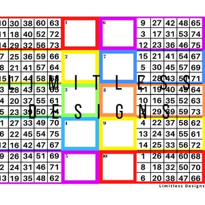 May include: A colorful grid with numbers 1-75 in each square. The grid is divided into 9 sections, each with a different color. The colors are red, orange, yellow, green, blue, purple, pink, and light blue. The letters "MISING" are written in black letters on the grid.