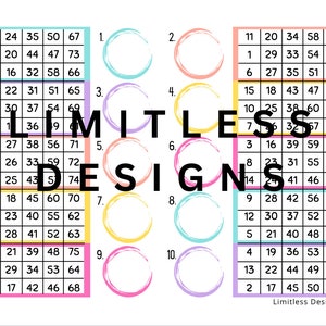 Puede incluir: Una tarjeta de bingo imprimible con números del 1 al 75 en una cuadrícula de 5x5. La tarjeta está dividida en secciones con diferentes colores: rosa, amarillo, azul y verde. La tarjeta está rodeada de círculos coloridos con un texto superpuesto que dice "Limitless Designs".