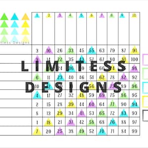 May include: A colorful chart with the words "Limitless Designs" and numbers 1 through 100 in a grid pattern. The numbers are in black text and the grid is outlined in black. The chart is on a white background.