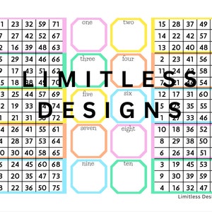 May include: A colourful printable bingo card with numbers 1-75 in each square. The card is divided into ten sections, each with a different colour and a number word at the top: one, two, three, four, five, six, seven, eight, nine, and ten. The card is titled "Limitless Designs".