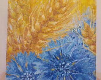 Original encaustic painting "Gold spikelets and blue flowers " 8x10 Galina Verba