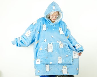 Extragroßer Sherpa Fleece-Hoodie mit gemütlichem Katzen-Print