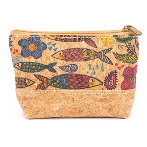 May include: A rectangular cork pouch with a zipper closure. The pouch is decorated with colorful fish, flowers, and paisley patterns. The zipper is a brass color. The bottom of the pouch is a lighter shade of cork.