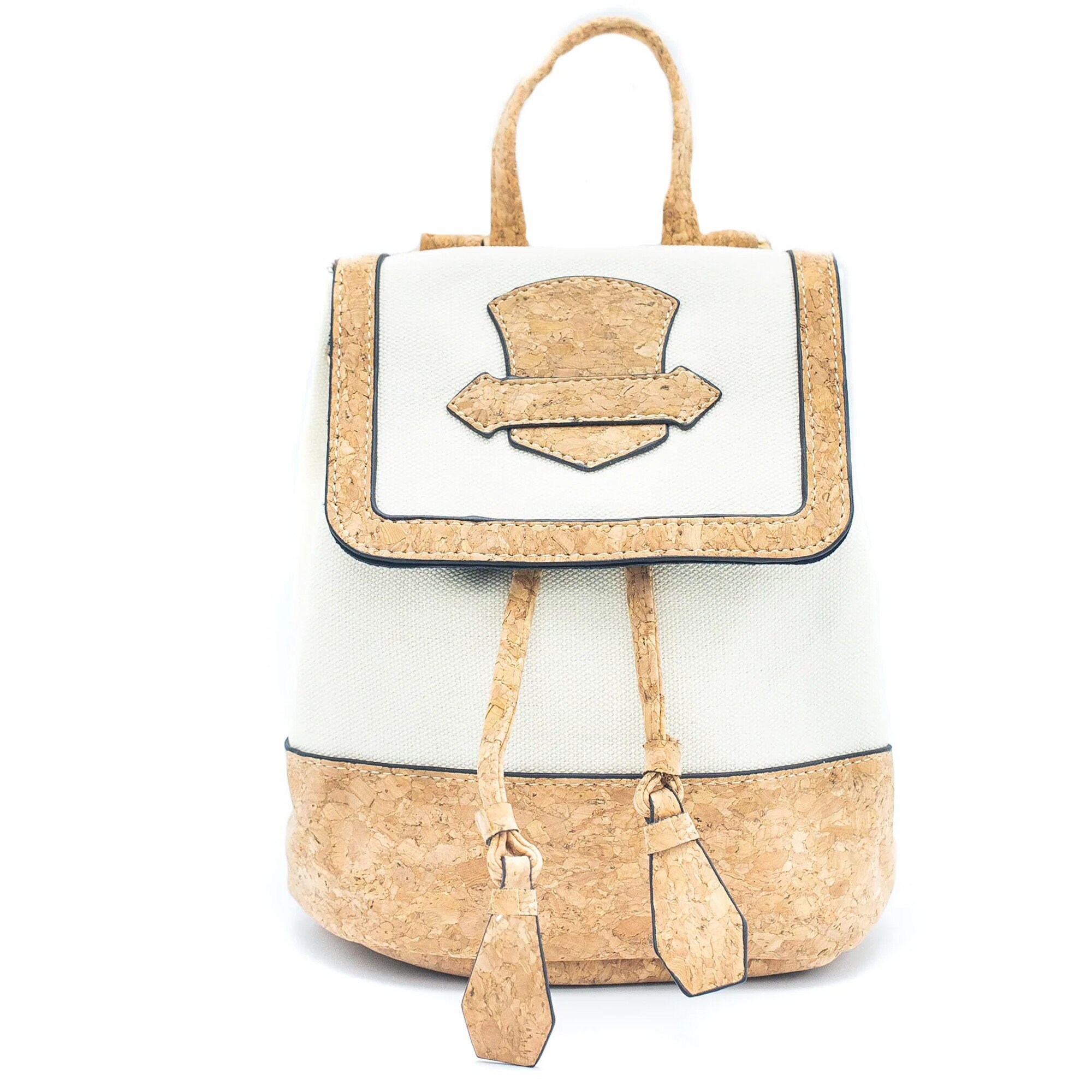 Elegant Cork Pattern In White And Tan With White Faux Leather Backpack Daisy Cork Convertible Backpack Purse – Sustainable Vegan  main image 3