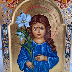 Jungfrau Maria in jungem Alter, handgemalte kyrillische byzantinische Ikone.