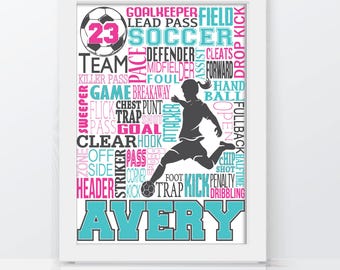 Poster de football personnalisé - Cadeau d'art mural avec prénom personnalisé pour fille