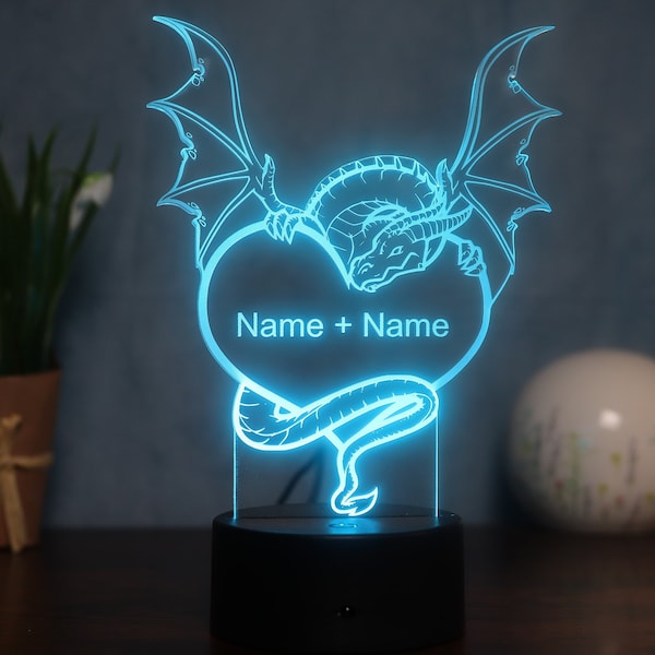 Personalized couple dragon lamp with heart shape, gift idea for dragon lovers