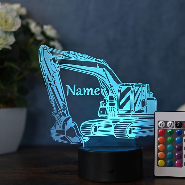 Personaliserter LED Bagger, geschenkidee als Nachtlich für Jungs, als Bagger Dekoration mit Wunschnamen