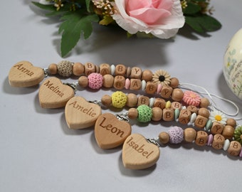 Personalized pacifier chain ,with desired name, name engraving on wooden heart, for baby pacifier, pacifier clip, pacifier strap