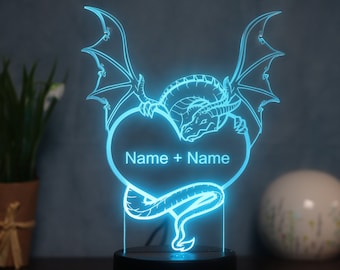 Personalized couple dragon lamp with heart shape, gift idea for dragon lovers