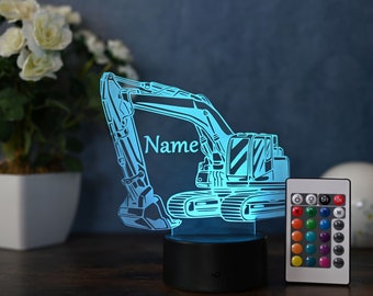 Personalized LED excavator, gift idea as night light for boys, as excavator decoration with desired name