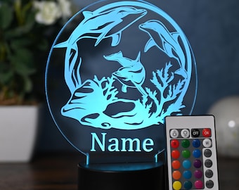 Personalized LED dolphin lamp - gift for dolphin lovers as decoration, dimmable, with remote control