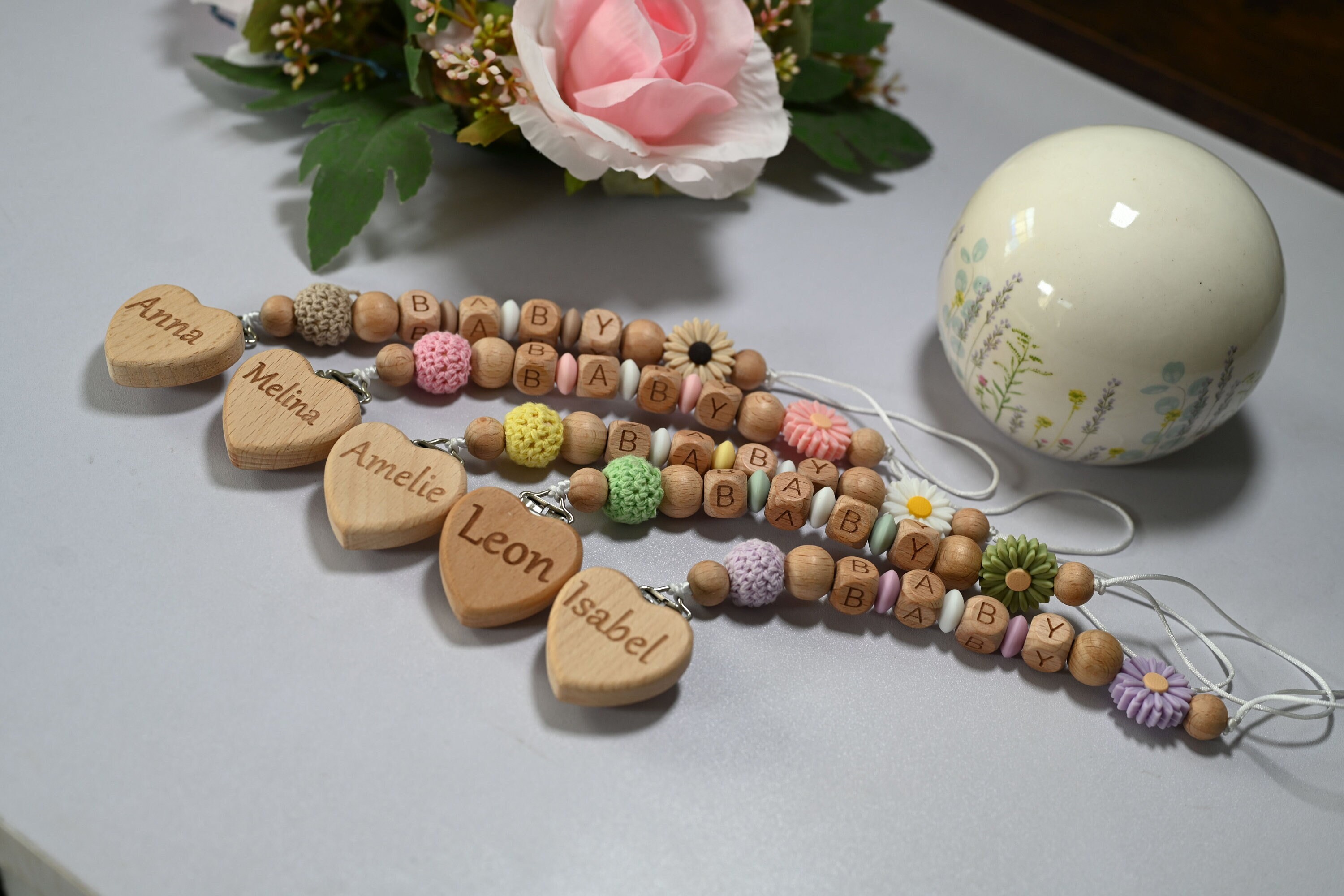 Personalized pacifier chain ,with desired name, name engraving on wooden heart, for baby pacifier, pacifier clip, pacifier strap