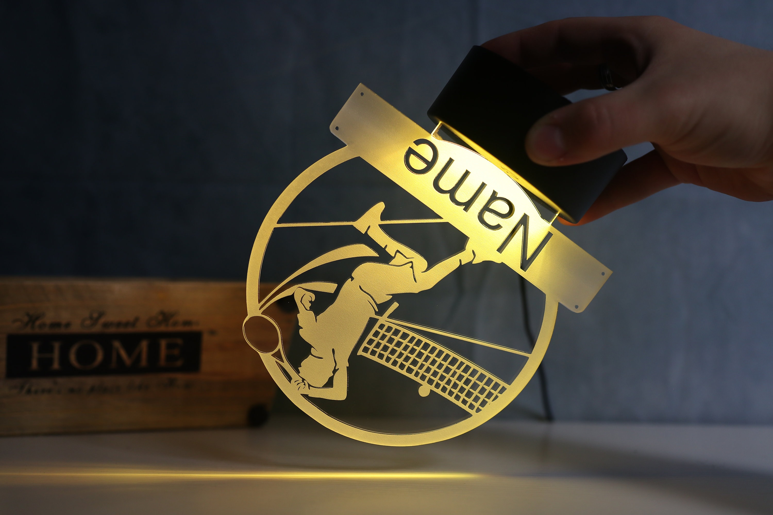 Lampada Da Tennis Personalizzata Con Nome – Luce Notturna A LED, Regalo Per Tennisti, Design Con Racchetta E Palla | Decorazione Sportiva Per Camera