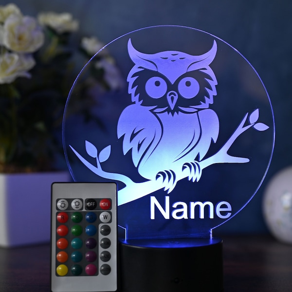Personalized owl lamp as LED decoration, gift idea for owl lovers
