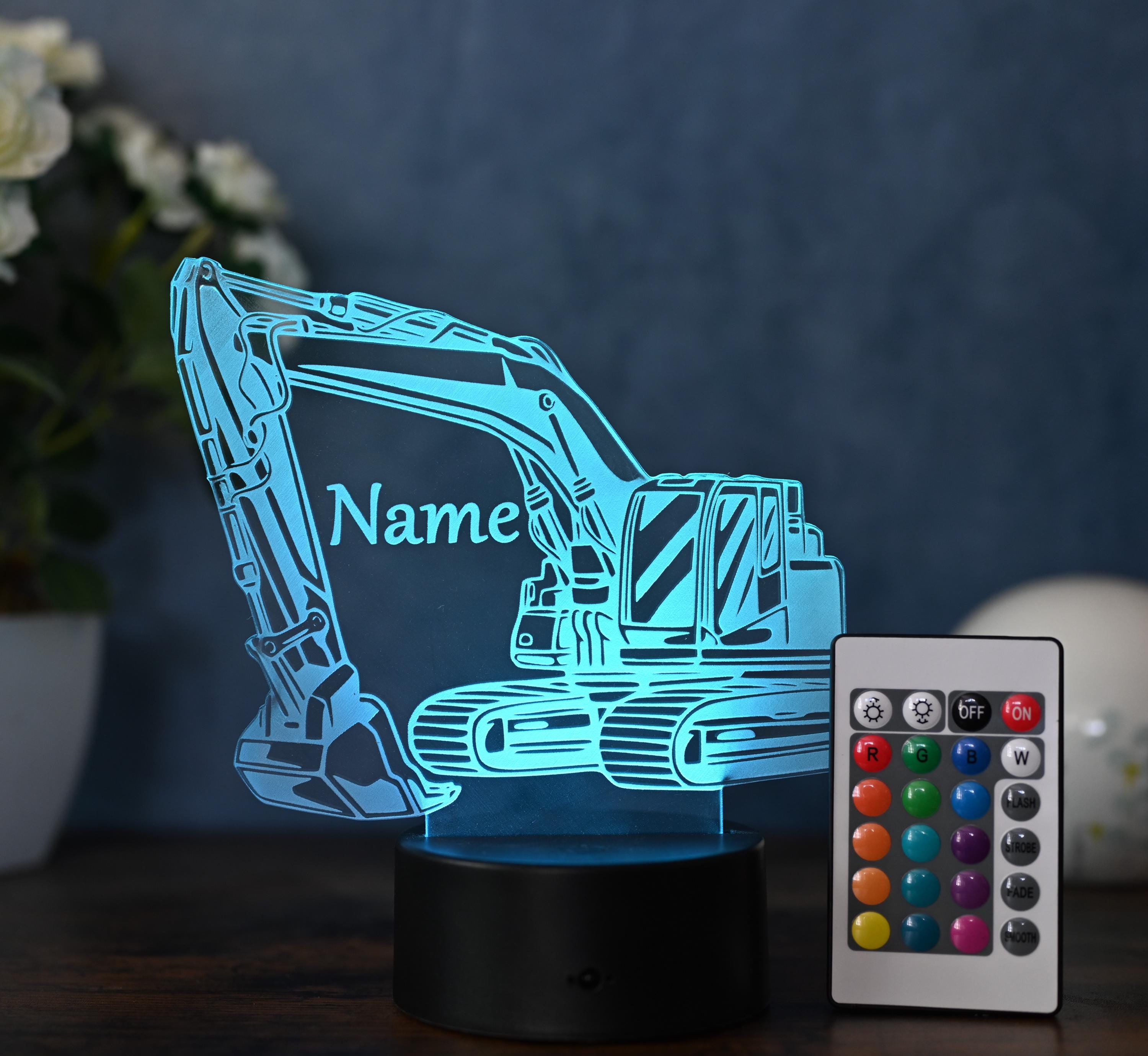 Personalized LED excavator, gift idea as night light for boys, as excavator decoration with desired name
