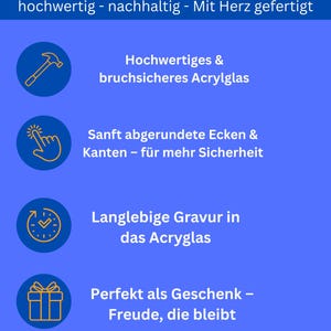 May include: A blue background with four icons and text in German. The icons are a hammer, a hand pointing at a circle, a clock with a checkmark, and a gift box. The text reads "Dein Besonderes Nachtlicht", "hochwertig - nachhaltig - Mit Herz gefertigt", "Hochwertiges & bruchsicheres Acrylglas", "Sanft abgerundete Ecken & Kanten - f&uuml;r mehr Sicherheit", "Langlebige Gravur in das Acryglas", and "Perfekt als Geschenk - Freude, die bleibt".