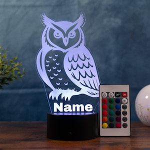 Personalized owl lamp as LED decoration, gift idea for owl lovers