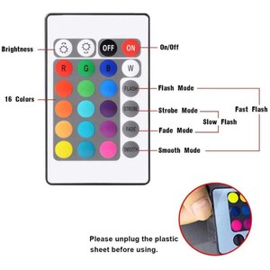 May include: A white remote control with 16 color buttons, brightness controls, and buttons for on/off, flash, strobe, fade, and smooth modes. The text "Please unplug the plastic sheet before using." is printed below the remote.