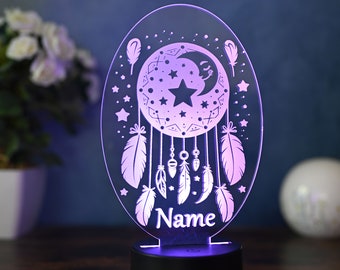 Personalized LED dreamcatcher moon - children's night light with name, dimmable bedside lamp, dreamcatcher decoration for children's room