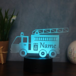 Personalized fire engine LED table lamp gift idea for firefighters or as a children&#39;s night light