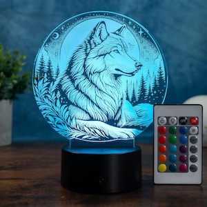 Lámpara de noche LED de lobo: lámpara de mesa de vidrio acrílico, lobo aullando con motivos naturales, regulable y con cambio de color.