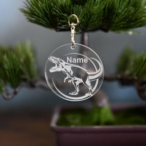 Puede incluir: Un llavero de acrílico transparente con una silueta de dinosaurio blanca y la palabra "Nombre" grabada.