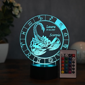 Spersonalizowana lampa Skorpiona – 3D LED Zodiac Light z imieniem i datą, prezent z horoskopem i dekoracja
