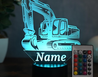 Personalizowana koparka LED, pomysł na prezent jako lampka nocna dla chłopców, jako dekoracja koparki z wybranym imieniem