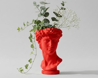 Jarrón con busto de David de Miguel Ángel, escultura decorativa en PLA blanco, estilo renacentista clásico.
