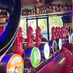 May include: A beer tap system with red pipes and tap handles. The tap handles display beer brand logos, including "Chouffe" and "Goose IPA". Red fire hydrant-shaped beer taps are also visible in the image.